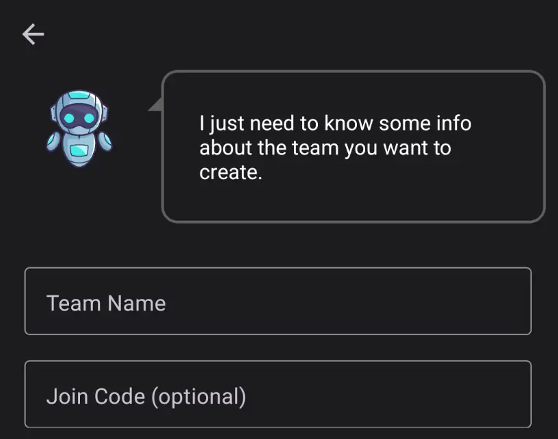 Screenshot of app showing a screen to create a team.