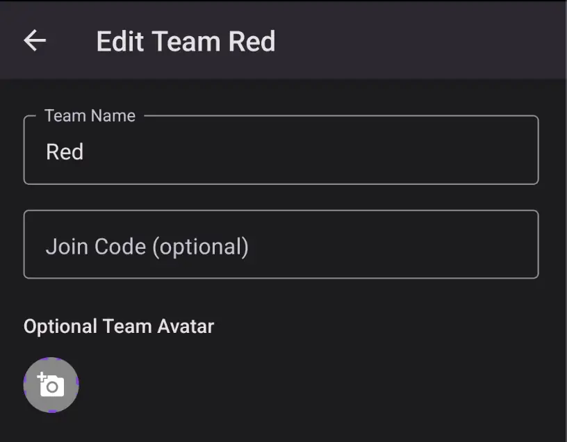 Edit Team screen showing fields for name, join code, and avatar.