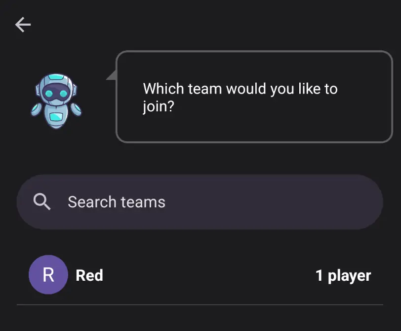 Screenshot of app showing a screen to join a team.