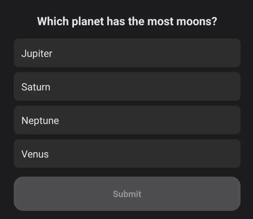Trivia challenge view in the Thrillify app