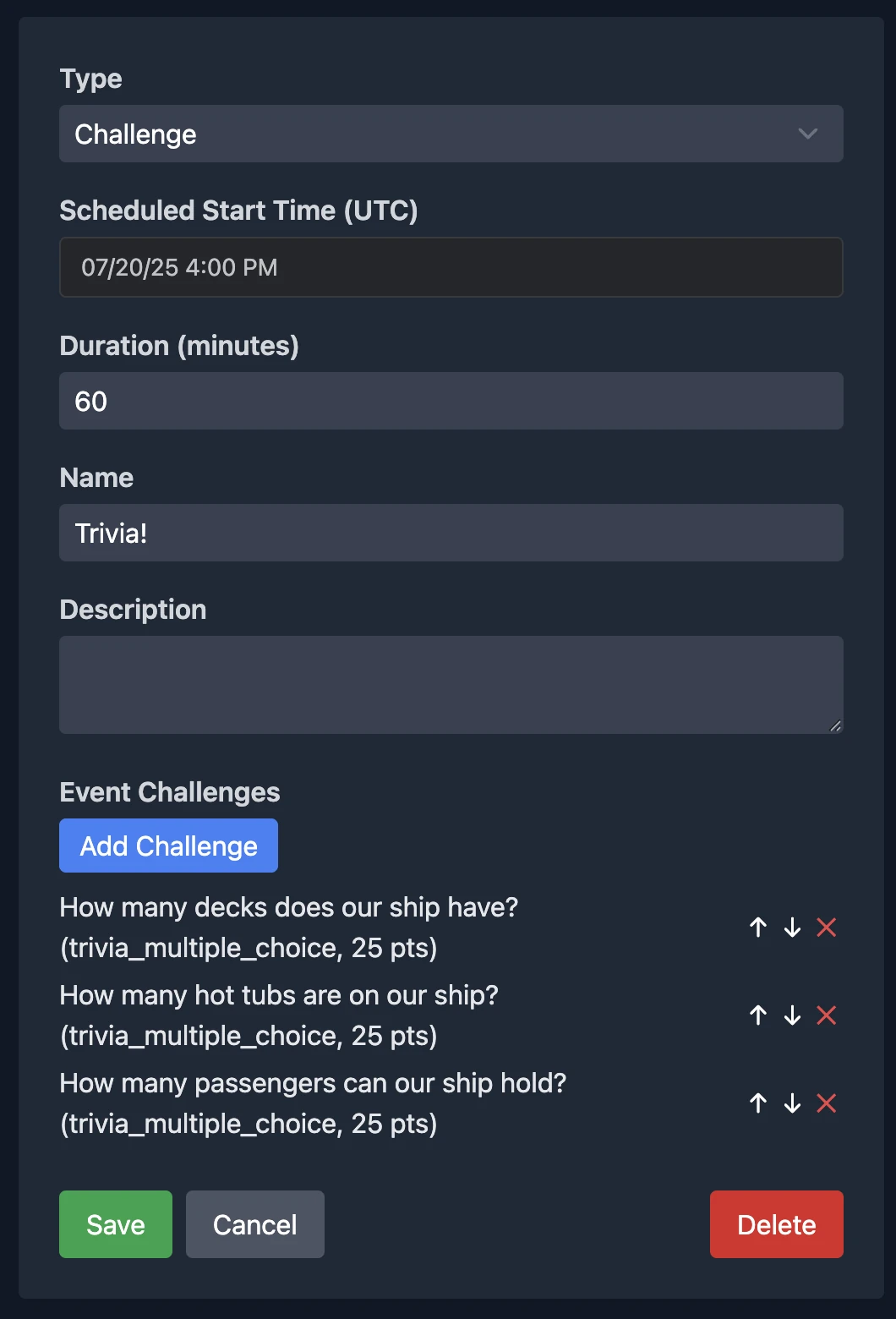 Creating a timed challenge entry in the Thrillify schedule
