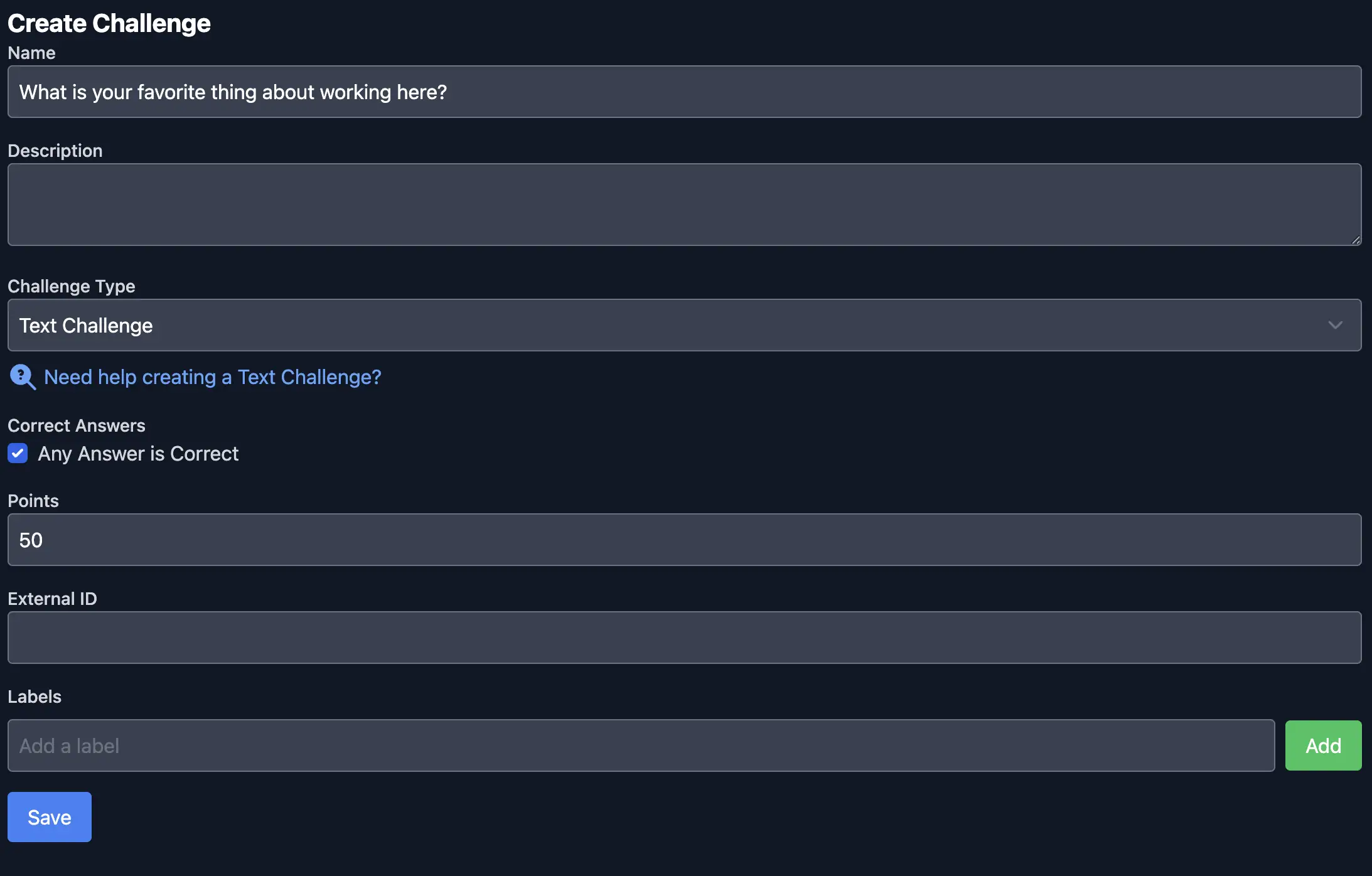 Edit Challenge screen for a text challenge with 'Any Answer is Correct' selected