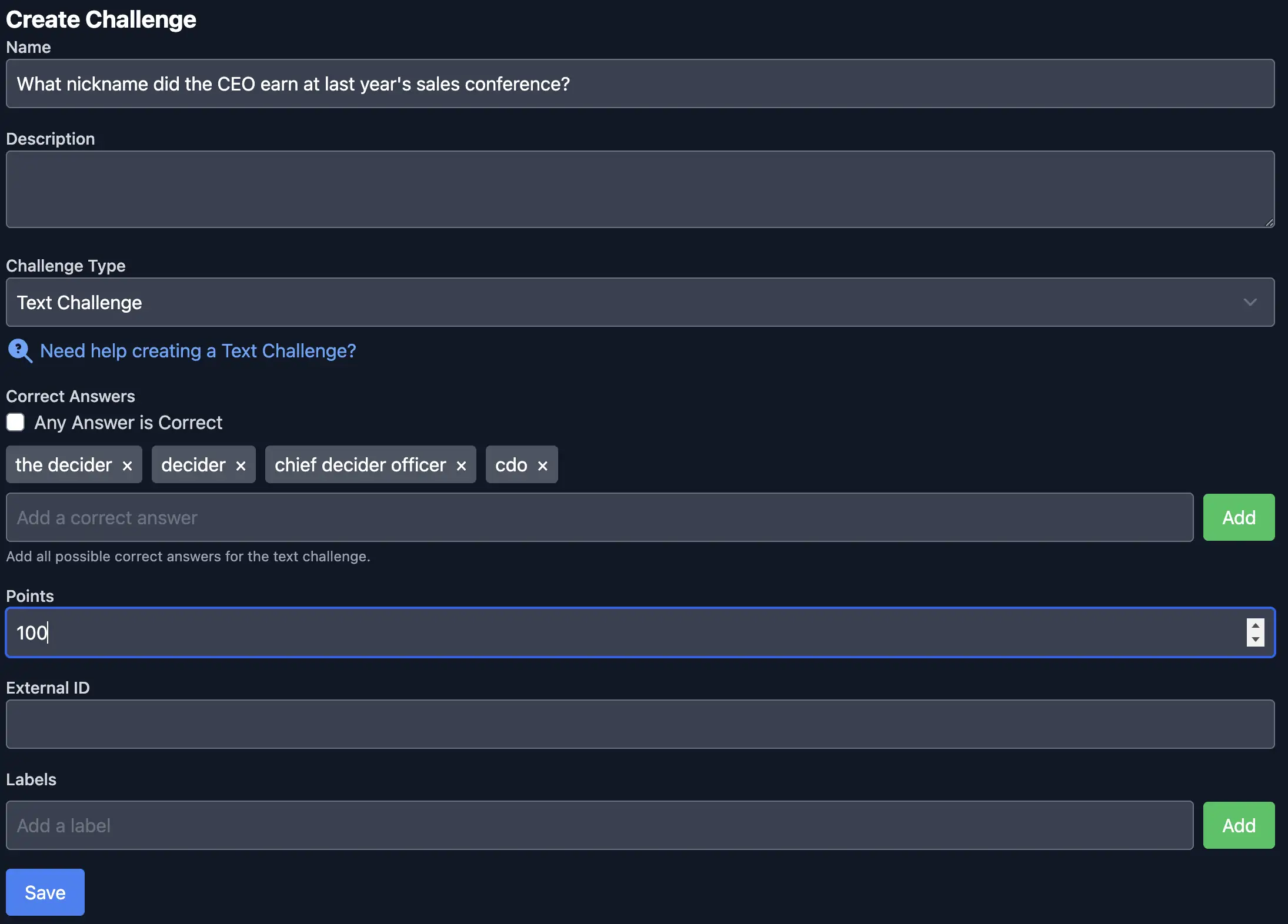 Edit Challenge screen for a text challenge with specific correct answers
