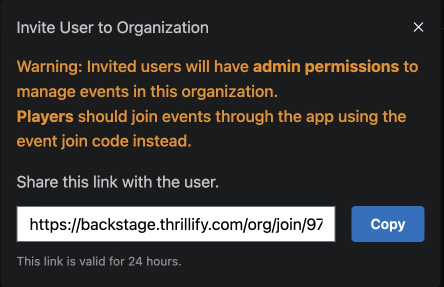 A dialog showing the generated invite link and a Copy button for sharing.