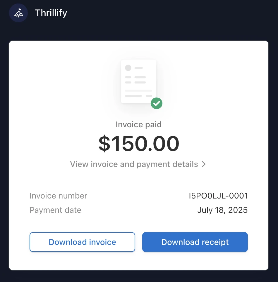 Stripe invoice popup with download option.