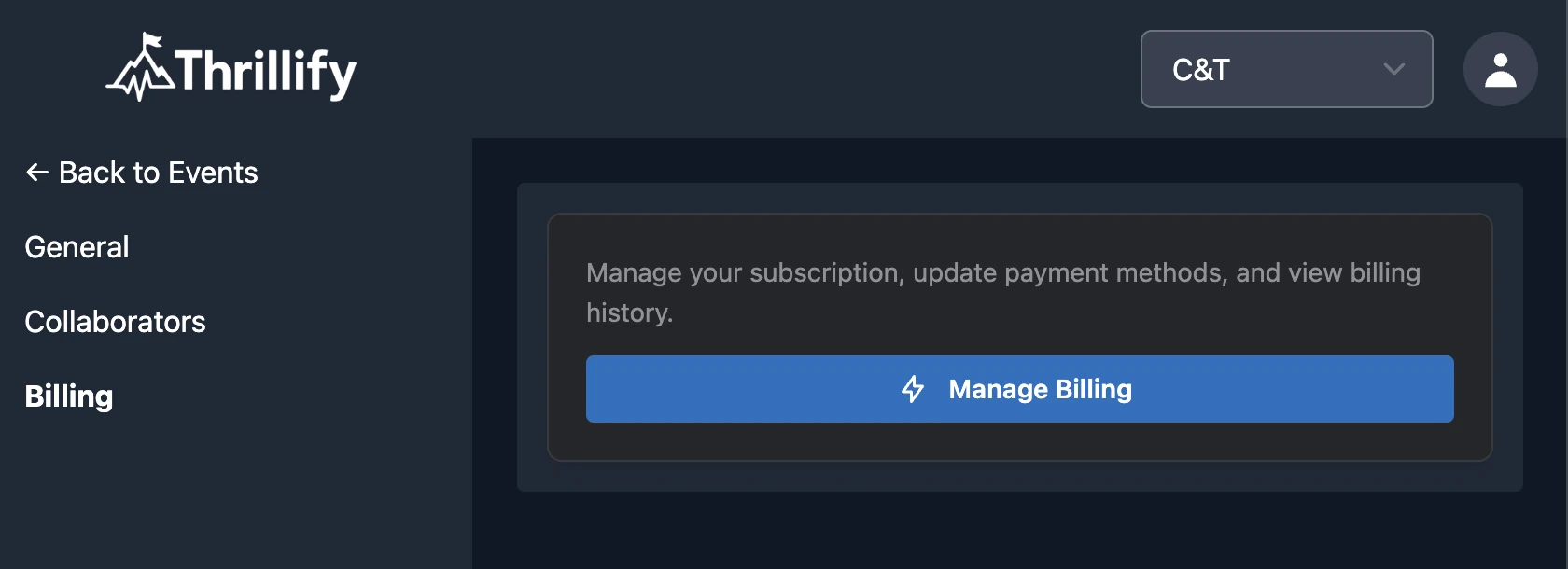 Thrillify Backstage Billing screen with a Manage Billing button.