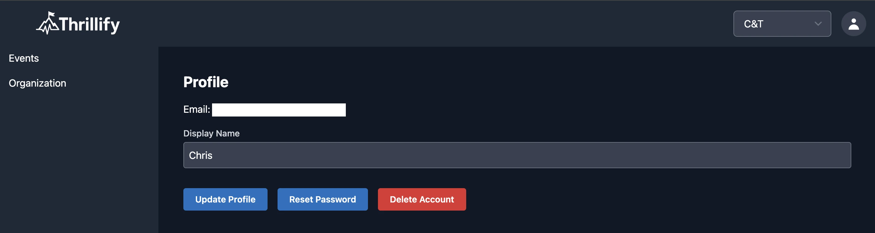 Thrillify Profile page with options to Update Profile, Reset Password, and Delete Account.