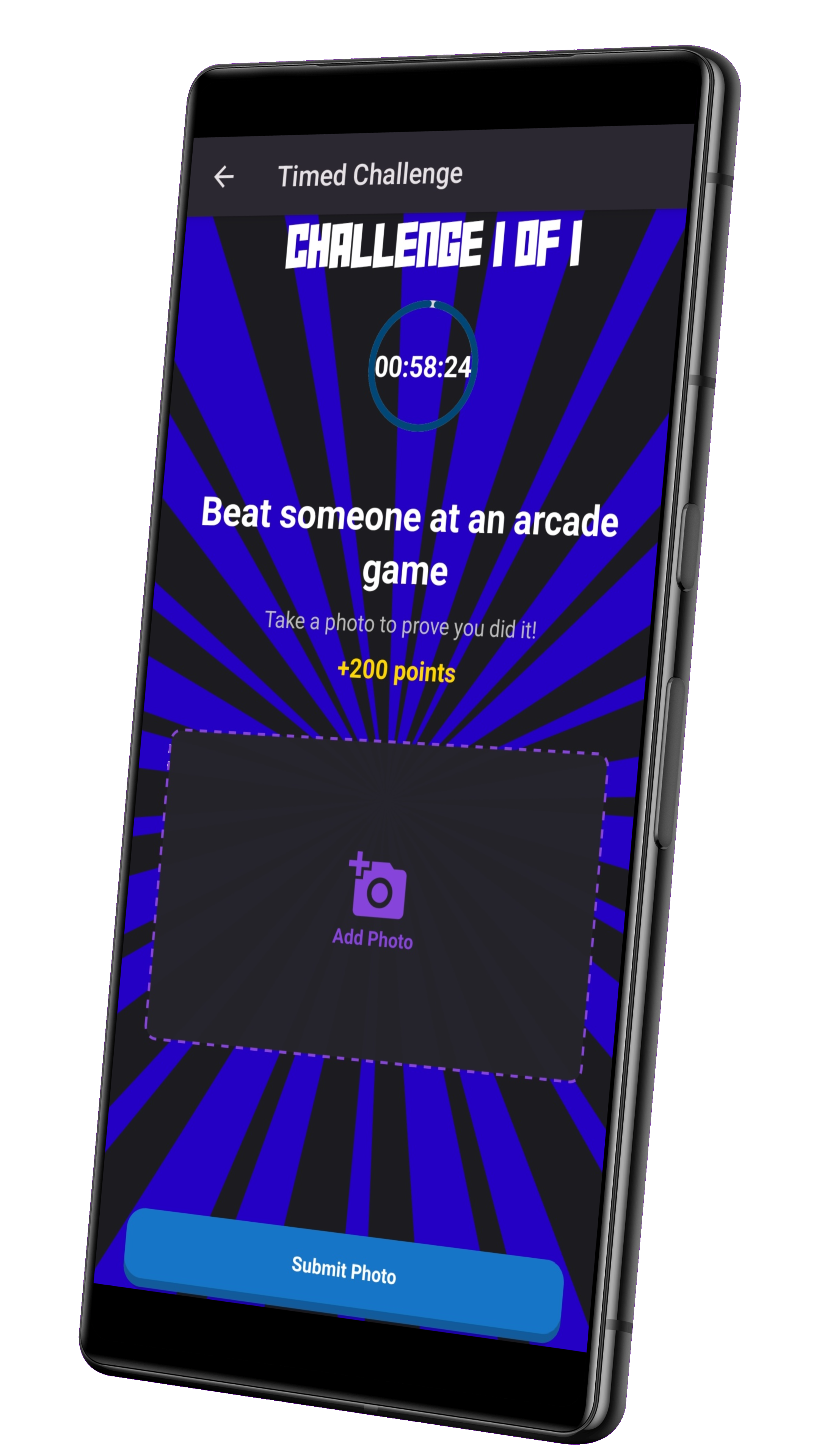 Image of phone with Thrillify app running, showing a timed challenge screen.