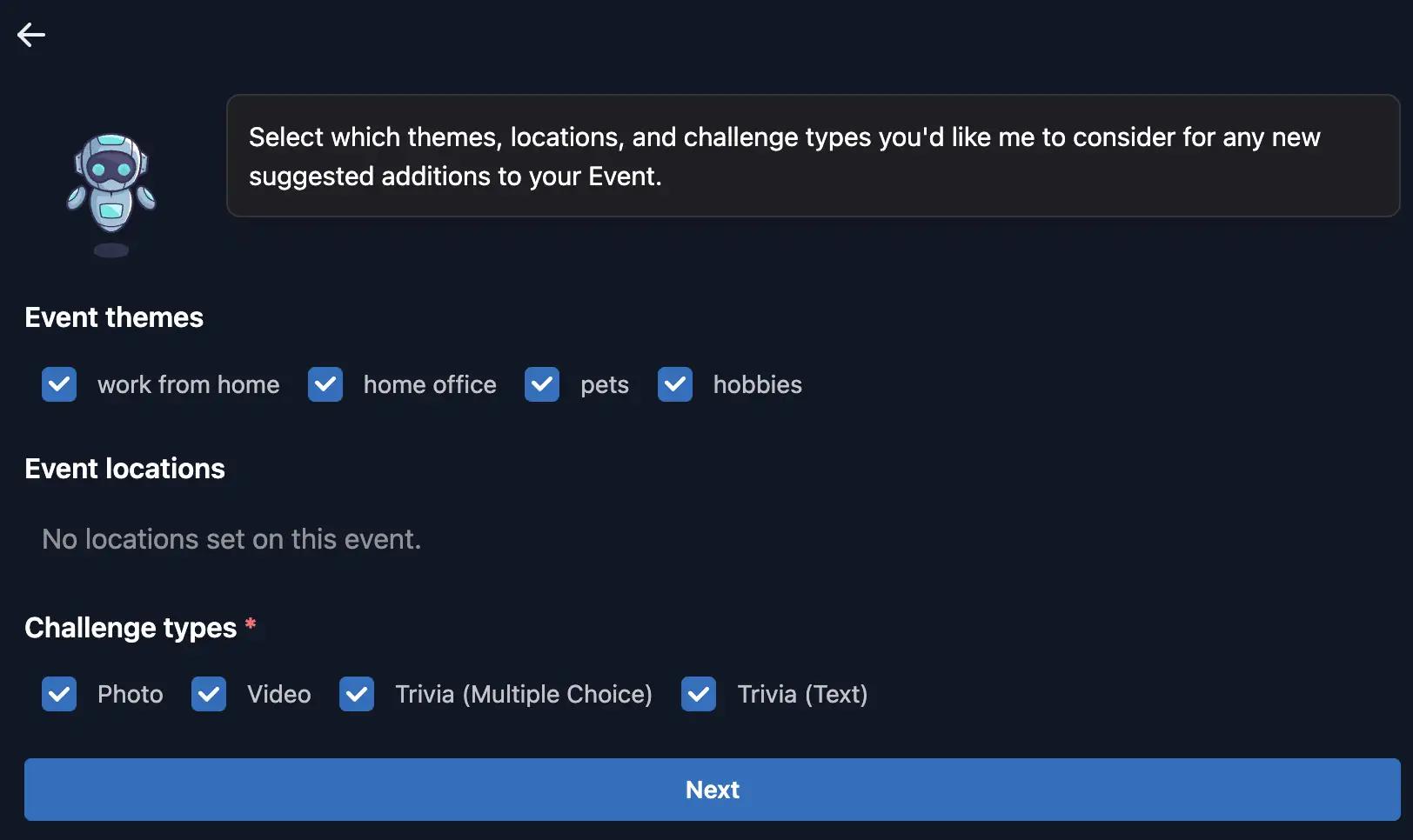 Choosing event themes and challenge types for AI to use.