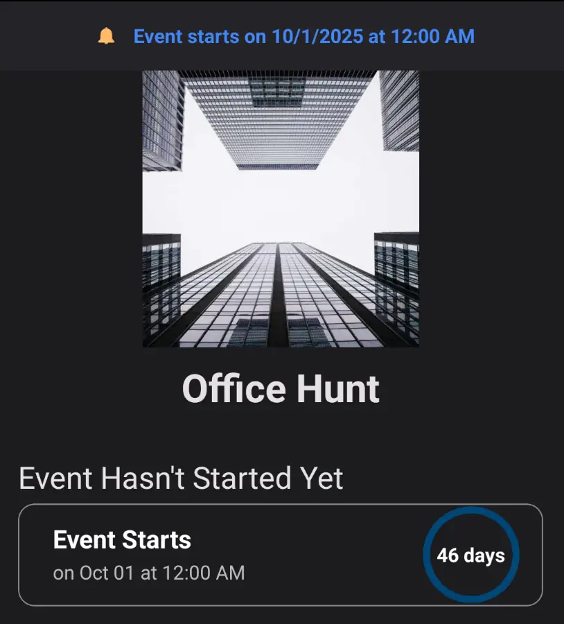 Event screen showing countdown until the Event starts.