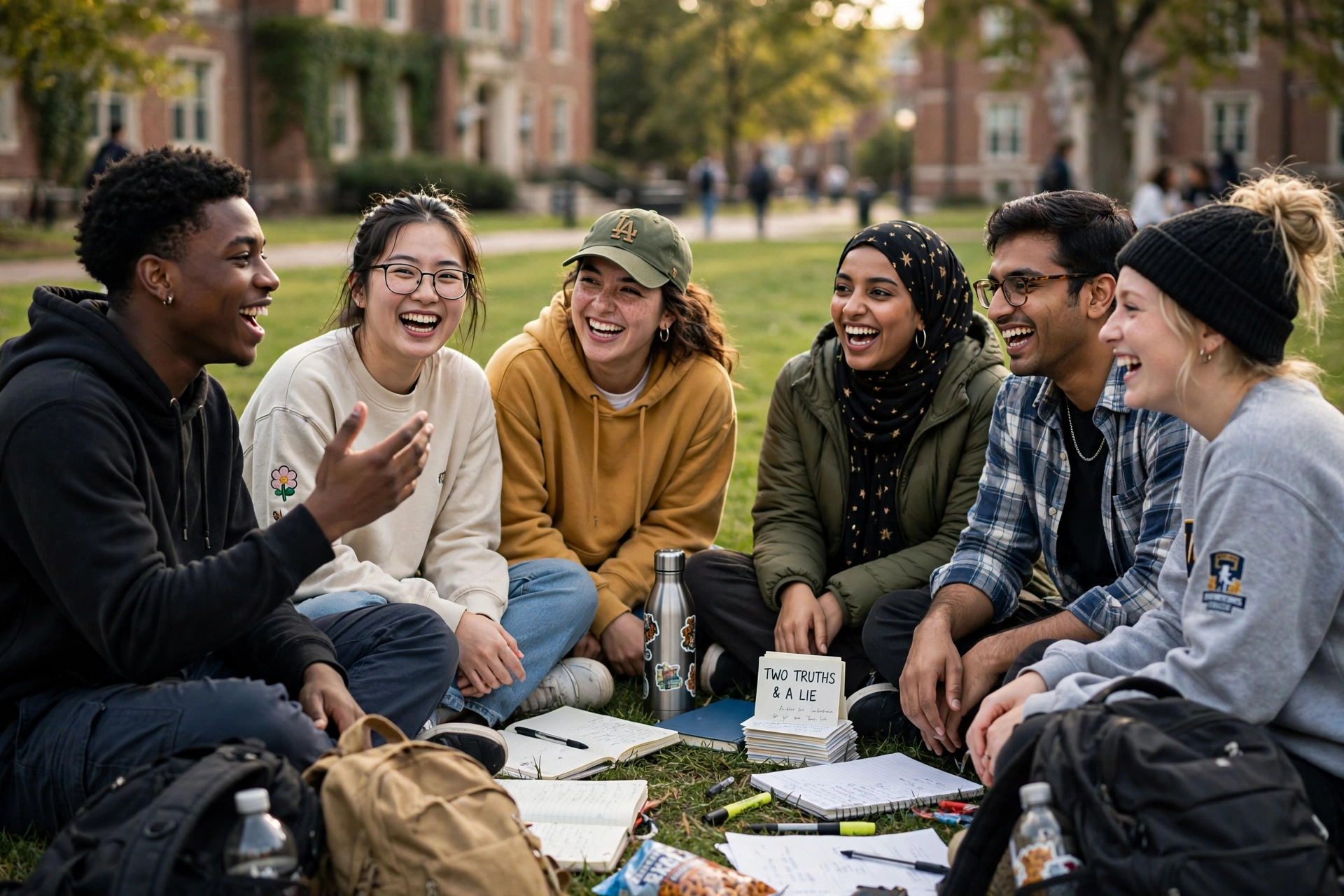 Freshmen laughing together while playing an icebreaker game on the campus lawn during orientation