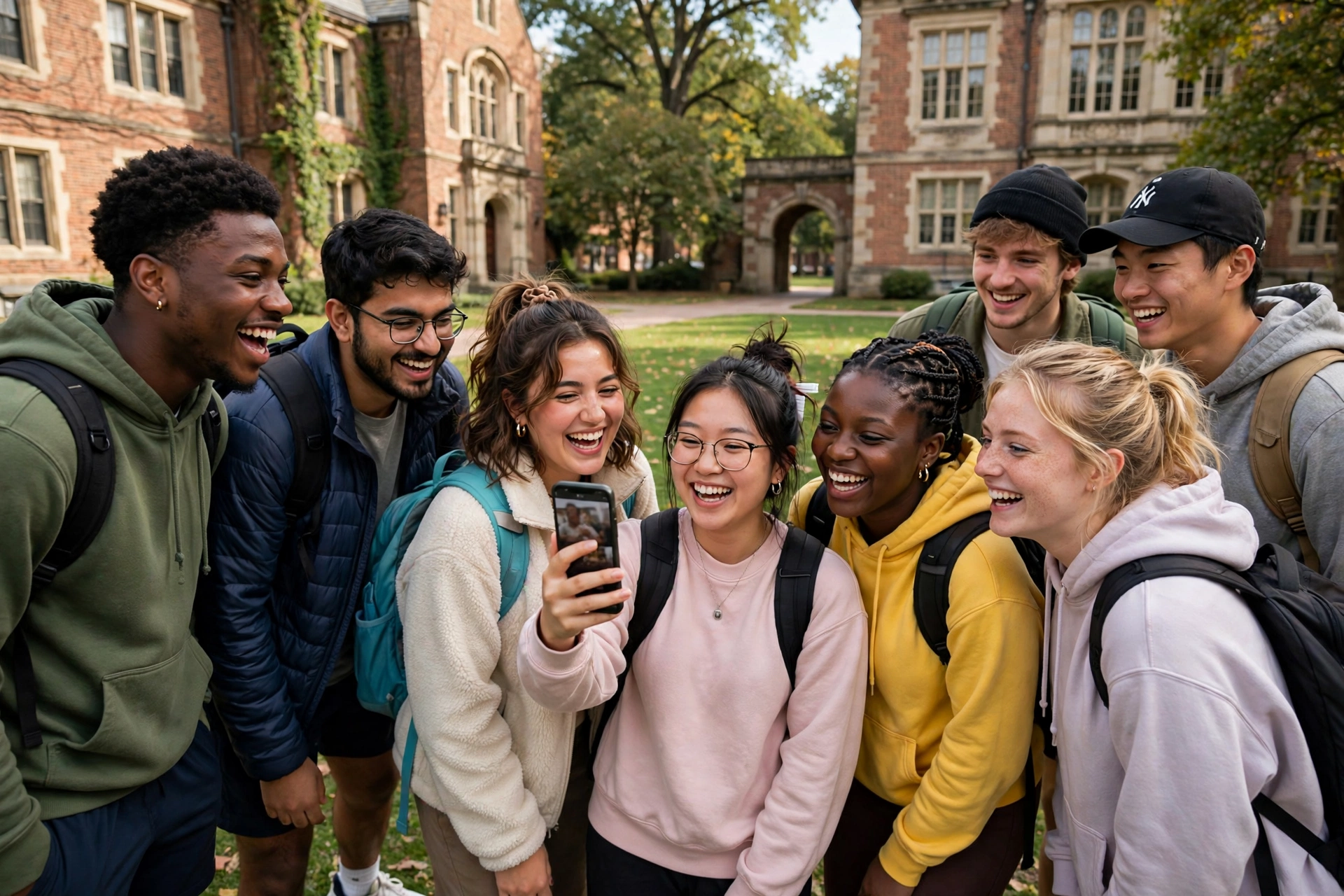 Group of diverse college freshmen laughing together on a sunny campus quad during orientation