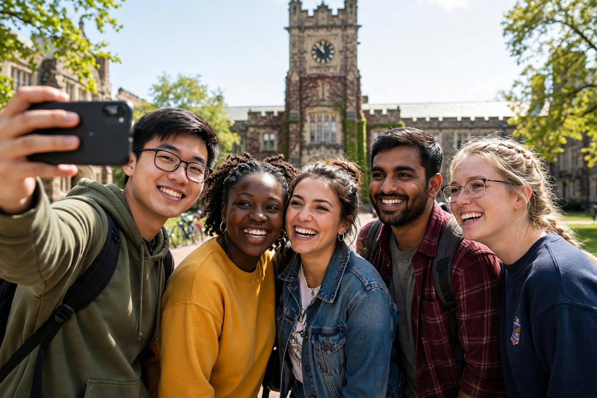 Students completing the challenge 'Snap a selfie at the clock tower' during campus orientation