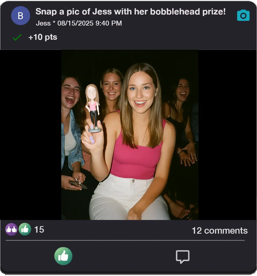 A woman holding a custom bobblehead of herself as part of a bachelorette party challenge