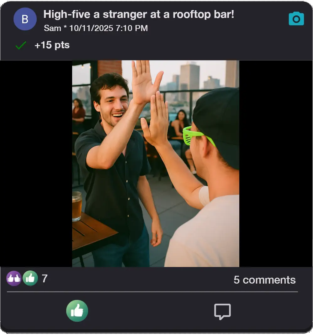 A party guest completing the challenge 'High five a stranger' at a rooftop bar