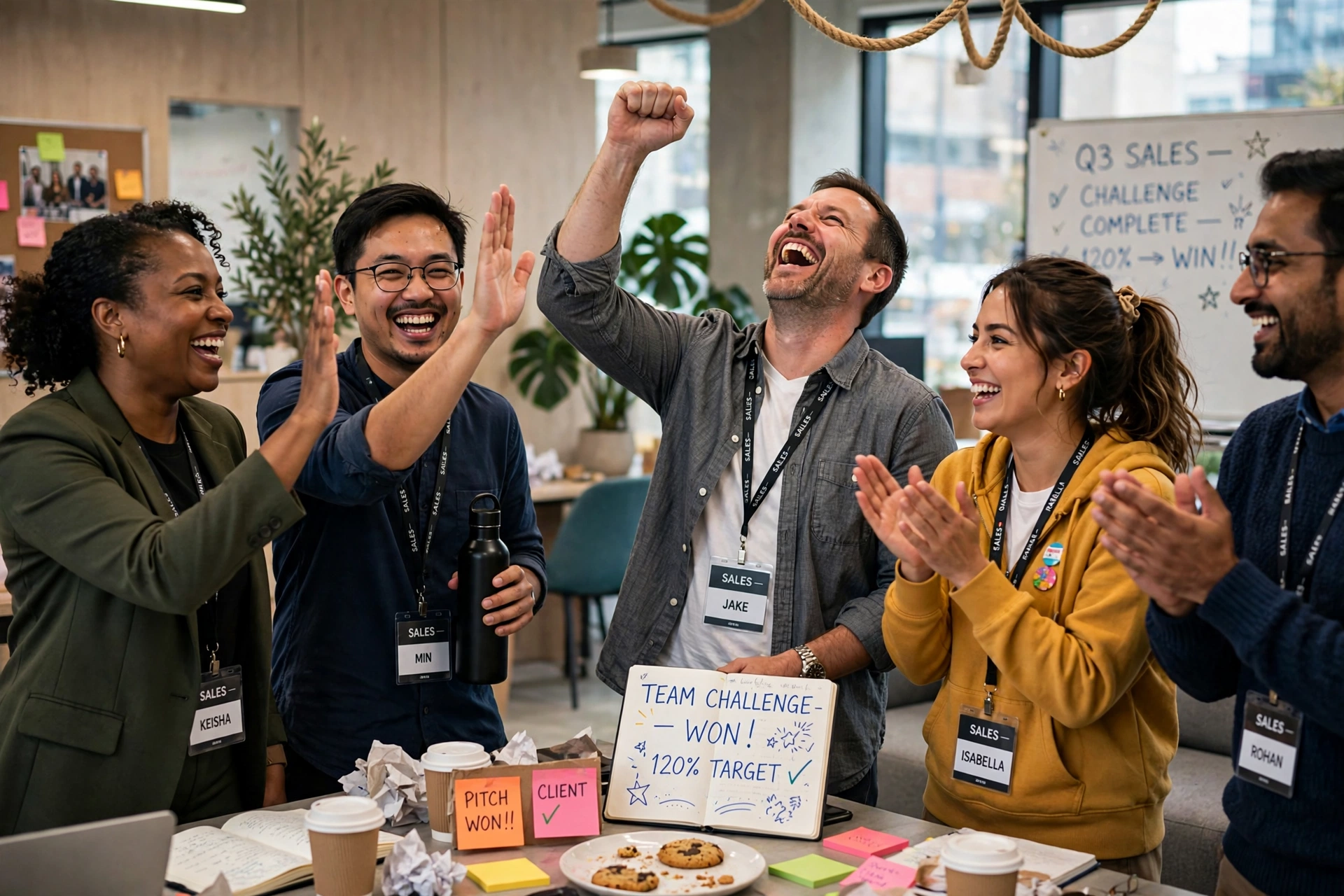 A sales team celebrating winning the 'Team challenge' with high-fives after hitting 120% of target
