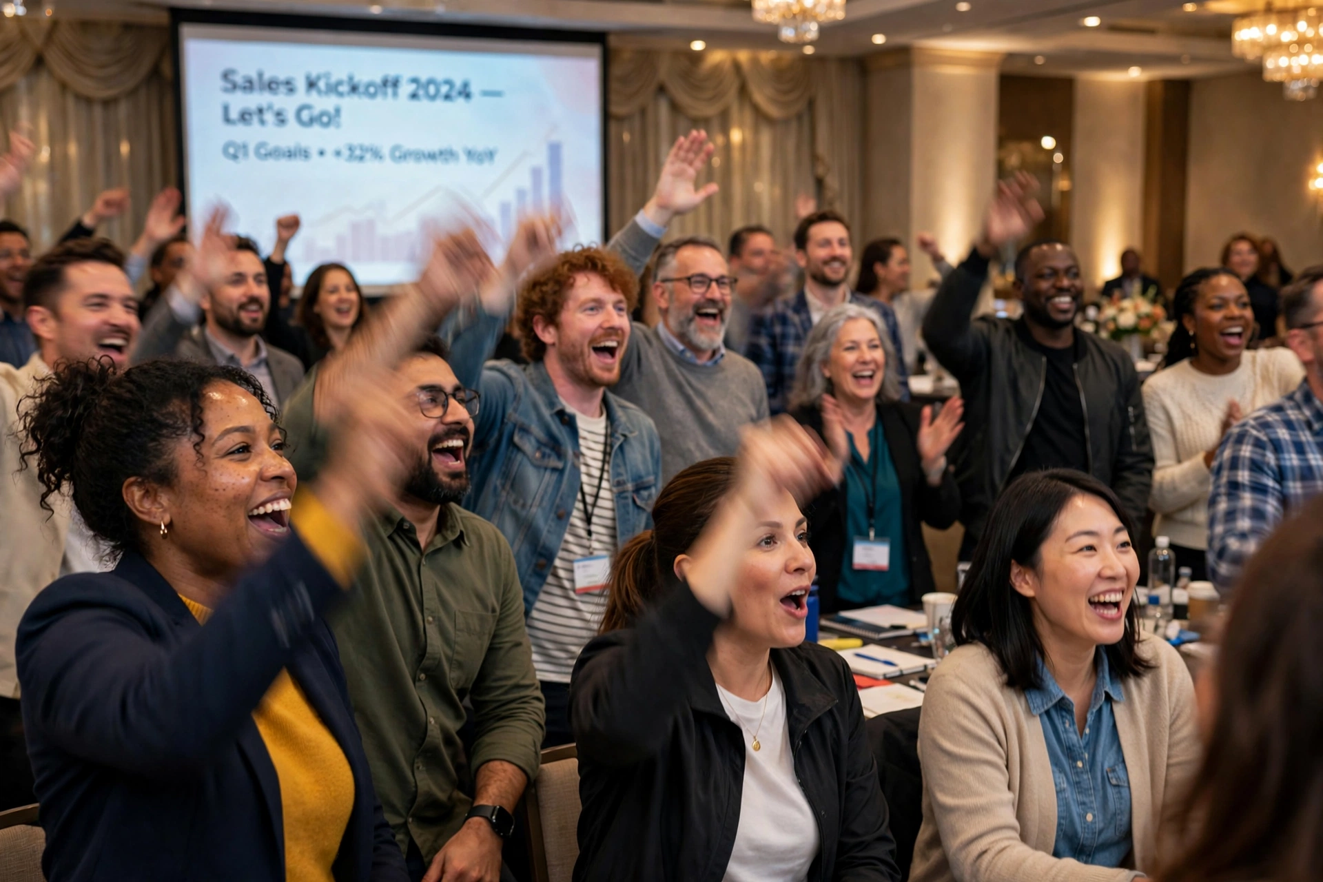 Sales team cheering with hands raised during a sales kickoff event in a hotel ballroom