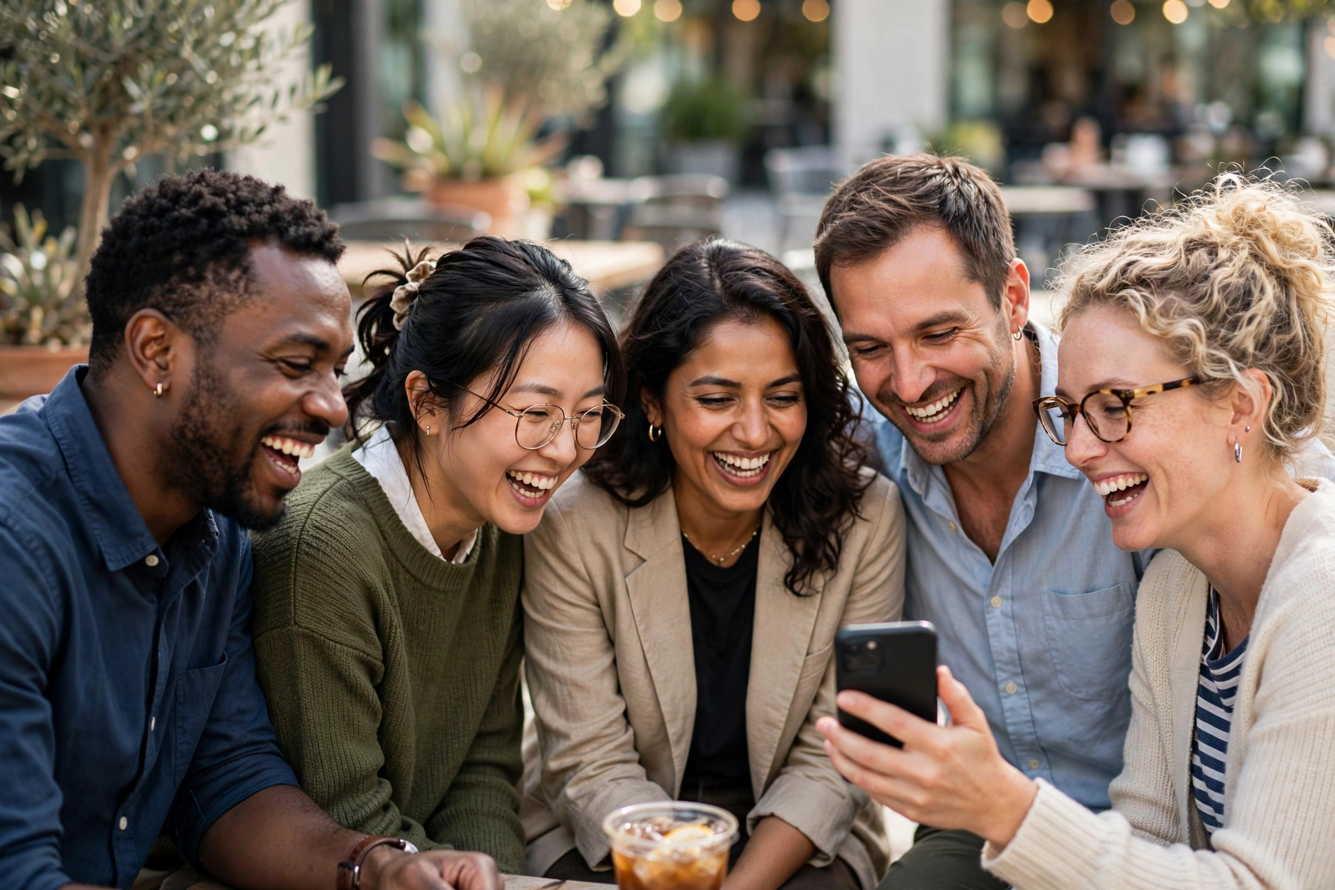 Sales teammates completing the challenge 'Nail the new pitch together' by huddling around a phone and laughing