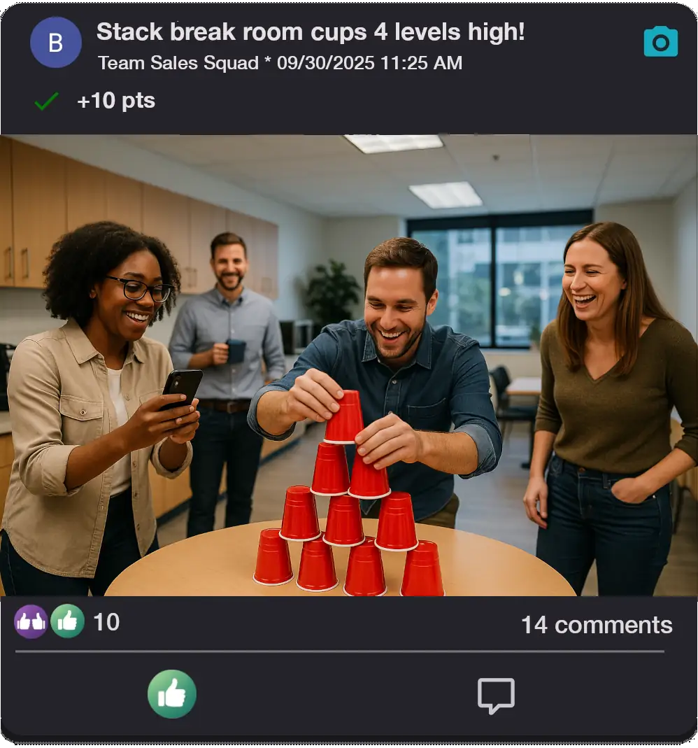 A team having fun completing the challenge 'Stack break room cups 4 levels high!'