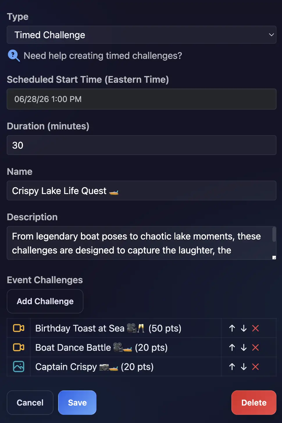 Creating a timed challenge entry in the Thrillify schedule