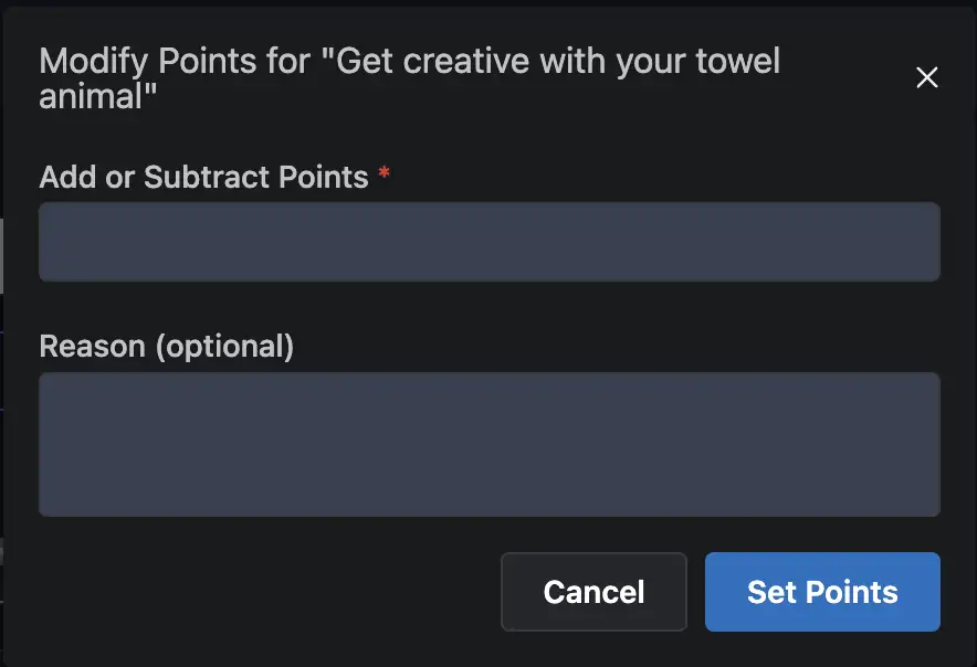 Modify Points dialog with fields to add or subtract points and enter a reason