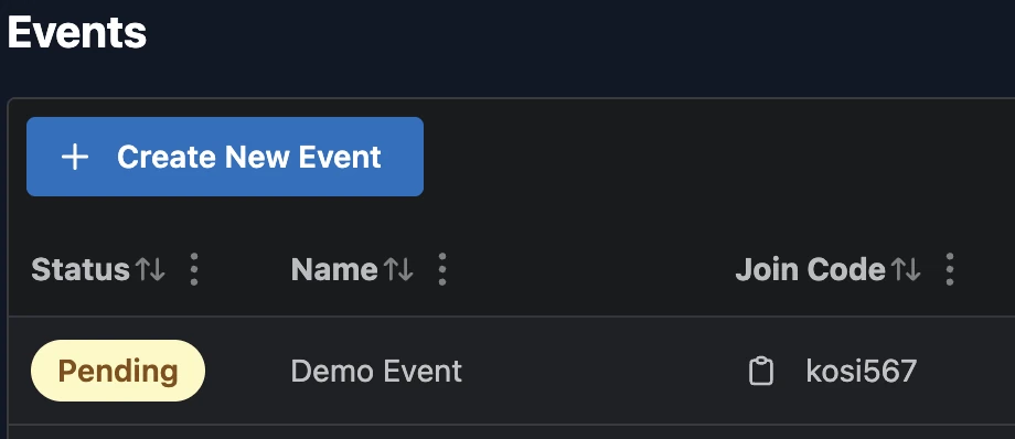 Table of challenges showing a column with join codes.