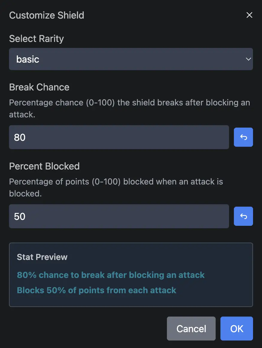 Settings for customizing the Shield power in the Thrillify backstage web portal.