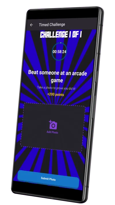 Thrillify app home screen with hero avatar, 4 hobbies with levels and experience, and a bottom nav bar showing activities, achievements, and friends